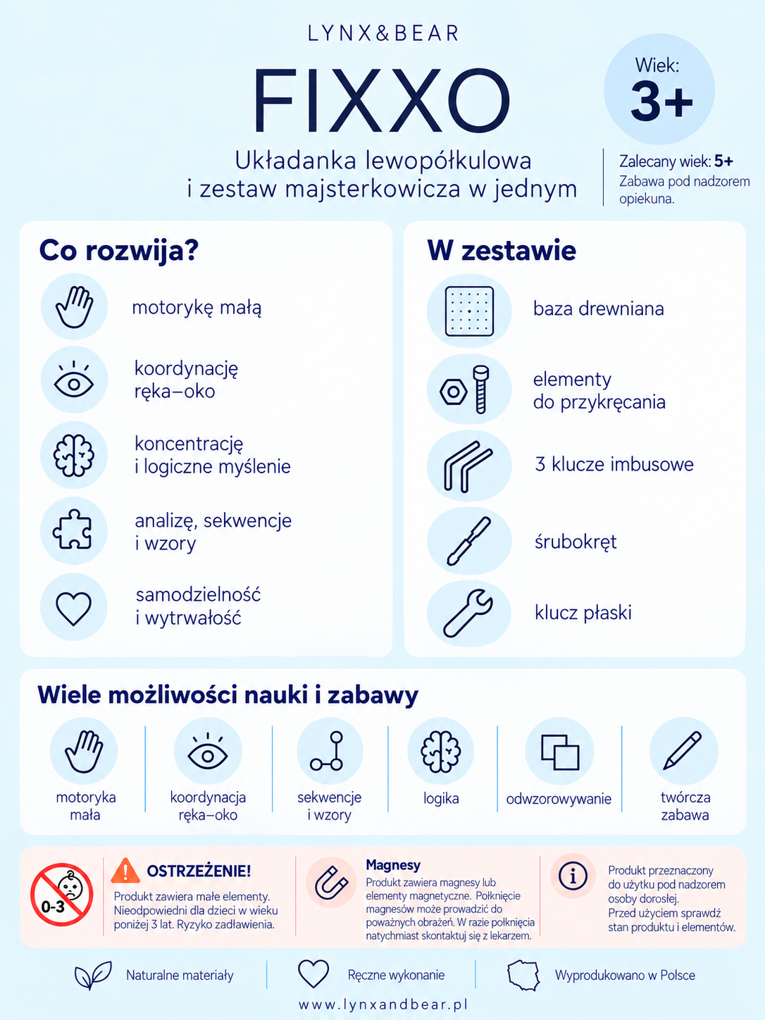 Fixxo z drewna orzechowego - układanka lewopółkulowa i zestaw majsterkowicza w jednym
